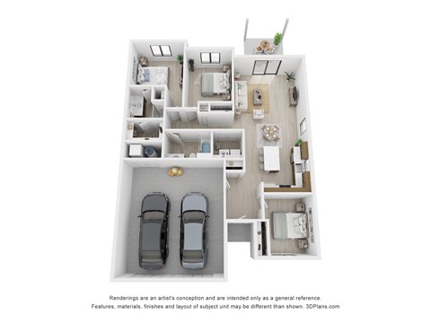 A 3D floor plan of a house with two bedrooms, a living room, a kitchen, a bathroom, and a garage.
